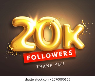 20000 followers celebration banner. Thank you 20k follower peoples. Glossy golden 3d numbers in realistic style on black background. Design for channel, group in social network. Vector illustration