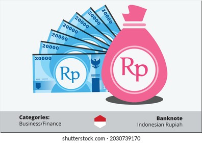 20000 billets de banque indonésiens Rupiah Sac d'argent Icône vectorielle. Élément commercial, de paiement et de financement de la devise indonésienne. Peut être utilisé pour le web, mobile, l'infographie et l'impression.
