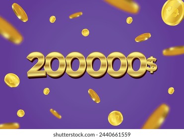 200000 Dollar gift or offer poster with flying gold coins. Two hundred thousand or Two lakh Dollars coupon voucher, cash back banner special offer, casino winner. Vector illustration. svg