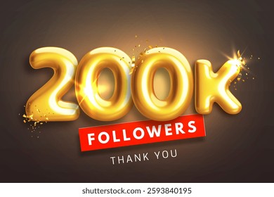 200000 followers celebration banner. Thank you 200k follower peoples. Glossy golden 3d numbers in realistic style on black background. Design for channel, group in social network. Vector illustration