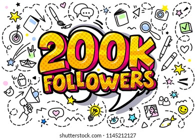 200000 followers illustration in pop art style. Vector illustration