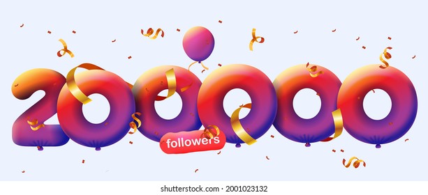 200000 followers thank you 3d blue balloons and colorful confetti. Vector illustration 3d numbers for social media 200K followers, Thanks followers, blogger celebrates subscribers, likes