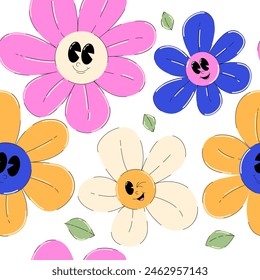 2000s background. Retro seamless pattern Y2K style. Cute characters with eyes and smile face. Vector illustration