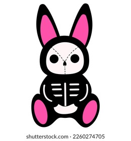 2000s emo girl kawaii bunny sticker in skeleton costume. Y2K, 90s glamour aestetic icartoon character