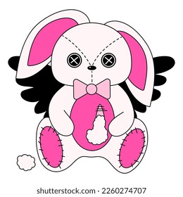 2000s emo girl kawaii bunny sticker with angel wings. Y2K, 90s glamour aestetic icartoon character