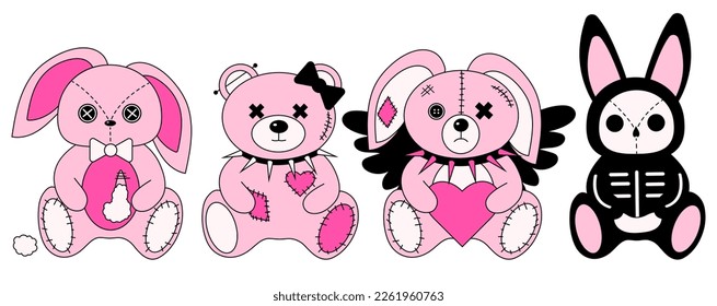 2000s emo girl kawaii bunny and teddy bear sticker set. Y2K, 90s glamour aestetic. Cartoon character