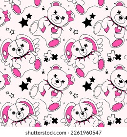 2000s emo girl kawaii seamless pattern. Y2K, 90s glamour aestetic. Cartoon characters teddy bear and bunny