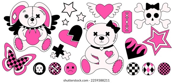 2000s emo girl kawaii sticker set. Y2K, 90s glamour aestetic in bright pink and black colors 