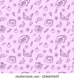 2000s emo girl kawaii style seamless pattern texture background with elements like underwear, lips, arrow, speech balloon and diamond Doodle design for textile graphics, wallpapers