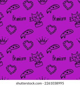 2000s emo girl kawaii style seamless pattern texture background with elements like owl with letter, slice of pizza, crown, be unicorn text, heart Doodle design for textile graphics, wallpapers