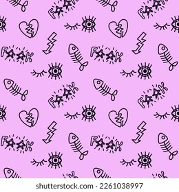 2000s emo girl kawaii style seamless pattern texture background with elements like fishbone, eye, broken heart, lightning Doodle design for textile graphics, wallpapers