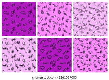 2000s emo girl kawaii style seamless pattern set. texture background with elements like owl with letter, slice of pizza, crown, be unicorn text, heart, bee, heart, groovy and diamond