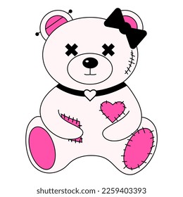 2000s emo girl kawaii teddy bear sticker. Y2K, 90s glamour aestetic in bright pink and black colors 