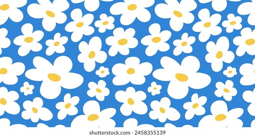 2000s flowers, y2k background. Seamless pattern with abstract white daisies flowers on blue background