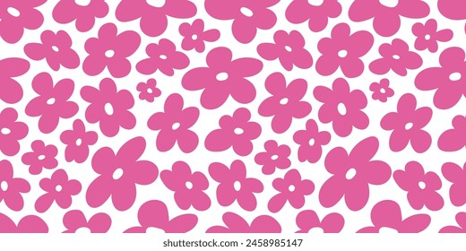 2000s flowers, y2k background. Seamless pattern with abstract pink flowers on white background