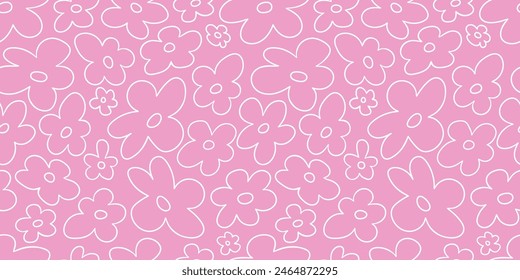 2000s flowers, y2k background. Seamless pattern with abstract white contour flowers on pink background