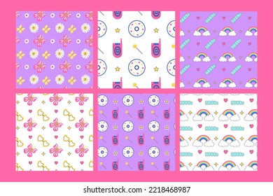 2000s groovy pattern set. Old mobile phone, rainbow, daisy, lollipop, butterfly, compact disc, star on white or colorful background. 2000 retro seamless pattern. Y2k vector illustration in flat style.