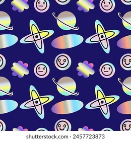 2000s pattern with hologram stickers, smiling, quotes and shining shapes. y2k elements seamless pattern or background. Futuristic retro design.