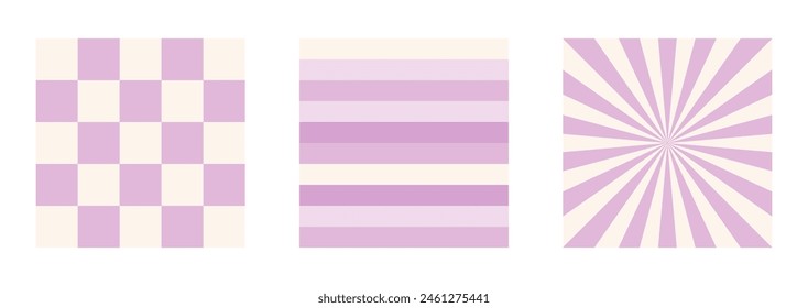 2000s pattern. Set of seamless patterns in pastel shades. The lines and checkerboard are purple. Y2k Aesthetics