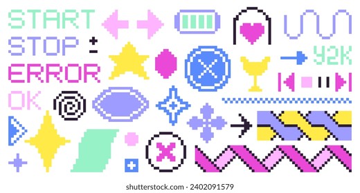 2000s pixel aesthetic nostalgia figure set. Collection of simple shapes in y2k style.