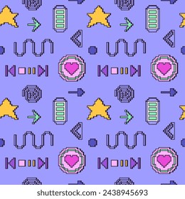 2000s pixel aesthetic nostalgia seamless pattern. Trendy cover of figures, simple shapes in y2k style.