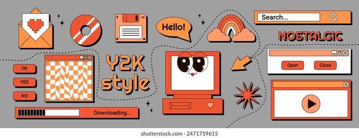 2000s retro element, sticker set. Groovy character computer with cute smile face, diskette, window, rainbow and more. Vector illustration in 90s, 00s, y2k style. Bright multicolor.