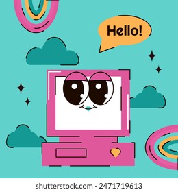 2000s retro elements rainbow vector. Groovy character computer with eyes and cute smile face, clouds and bubble Hello. Vector illustration in 90s, 00s, y2k style. Bright multicolor