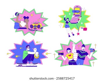 2000s retro pop culture and y2k trends 2D illustration concepts set. CD boombox. Flip phone girl. Skateboard boy. Camera camcorder cartoon characters isolated on white. Abstract flat vector collection