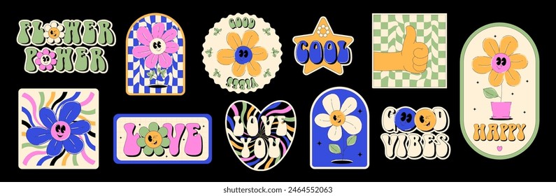 2000s sticker badge. Trendy patches with flowers, star, heart and more in retro y2k, 90s, 00s style. Vector illustration