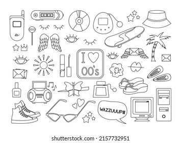 2000s Vibes. Collection of 2000's elements. Flip phone, star, CD, game console, eye, skateboard, hairpin, sneakers, sun, nail polish, panama hat, candy, scrunchie. Stylized vector big set