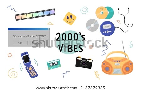 2000s vibes set. Retro devices, technic, things, entertainment and music equipment isolated on white background. Back to 00s vector flat illustration. Trendy 2000s y2k elements collection.