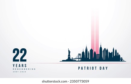 2001-2023 Patriot Day banner for 22nd anniversary of the tragedy. New York City Skyline landscape.