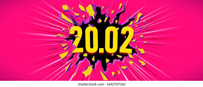 20.02 Shopping day sale poster or flyer design. Horizontal Dynamic Sale banner. The inscription 20,02 destroys the wall. Black crack in the yellow wall. Template for poster, flyer.