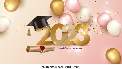 2003 Felicidades por la graduación, el certificado y el tope académico. Celebración de los globos dorados de confeti 3D rosados, dorados y blancos. Sello y diploma de cera roja. Tarjeta, estampado de camisetas, pancarta, afiche. vector