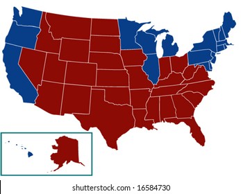 2004 US Presidential electoral blue and red states (red - Republican; blue - Democrat)