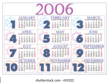 2006 colored calendar with seasons’ icons and ornamental background.