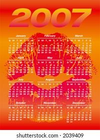 2007 Calendar with a kiss background. Fully editable. Type is both as fonts and as curves.