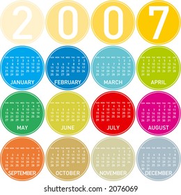 2007 Colorful Calendar, in a circles theme (Fully editable, type is both as fonts and as curves)