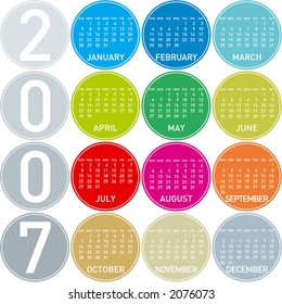 2007 Colorful Calendar, in a circles theme (Fully editable, type is both as fonts and as curves)