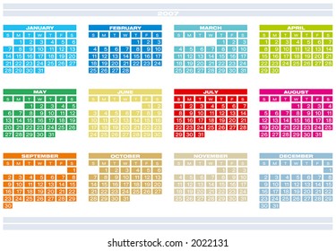 2007 Colorful Calendar (Fully editable, type is both as fonts and as curves)