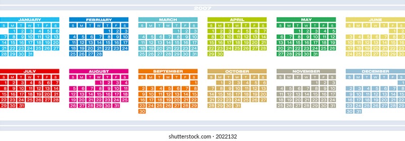 2007 Colorful Calendar (Fully editable, type is both as fonts and as curves)
