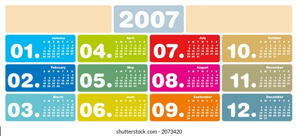 2007 Colorful Calendar (Fully editable, type is both as fonts and as curves)