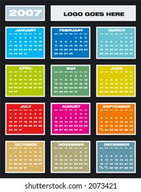 2007 Colorful Calendar (Fully editable, type is both as fonts and as curves)