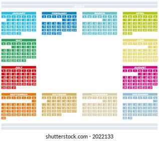 2007 Colorful Calendar, with space reserved for a picture (Fully editable, type is both as fonts and as curves)