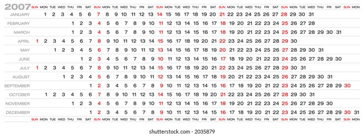 2007 Horizontal Calendar (Fully editable, type is both as fonts and as curves)