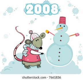 2008 card with cute rat and snowman