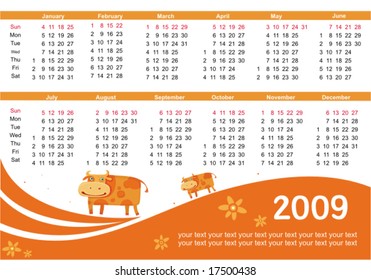 2009 calendar with  cow (symbol of 2009 year). Starts Sunday.