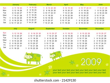 2009 calendar with cow (symbol of 2009 year). Starts Sunday.