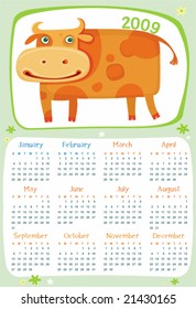 2009 calendar with cow (symbol of 2009 year). Starts Sunday.