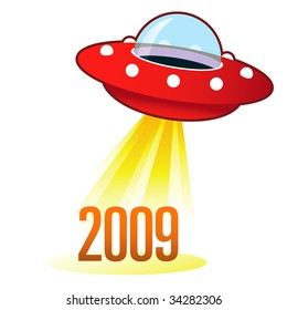 2009 calendar year icon on retro flying saucer UFO with light beam.  Suitable for use on the web, in print, and on promotional materials.